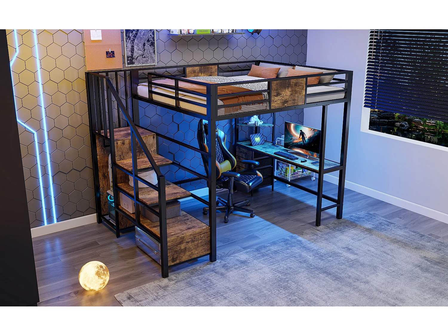 Metall-Hochbett – 140 x 200 cm – mit Schreibtisch, Treppe mit Stauraum, Kleiderschrank und LED-Beleuchtung – schwarz