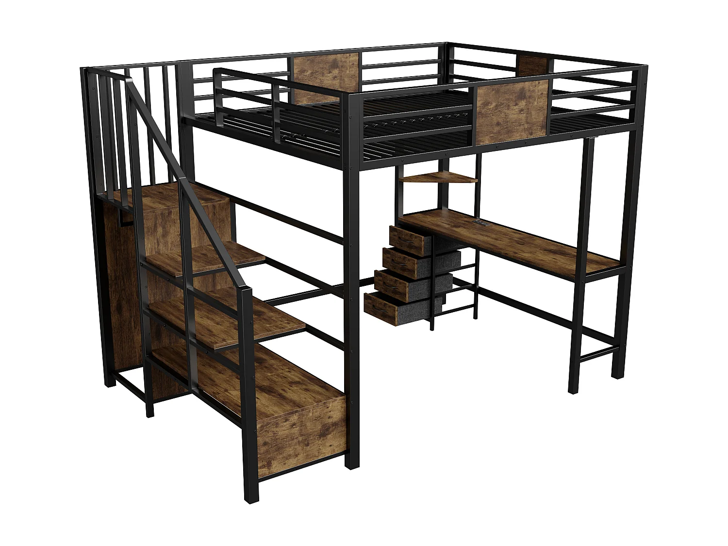 Metall-Hochbett – 140 x 200 cm – mit Schreibtisch, Treppe mit Stauraum, Kleiderschrank und LED-Beleuchtung – schwarz