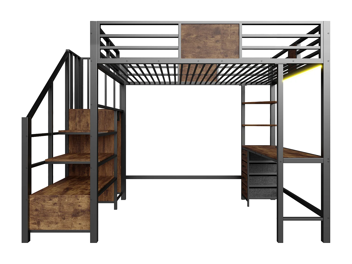 Metall-Hochbett – 140 x 200 cm – mit Schreibtisch, Treppe mit Stauraum, Kleiderschrank und LED-Beleuchtung – schwarz