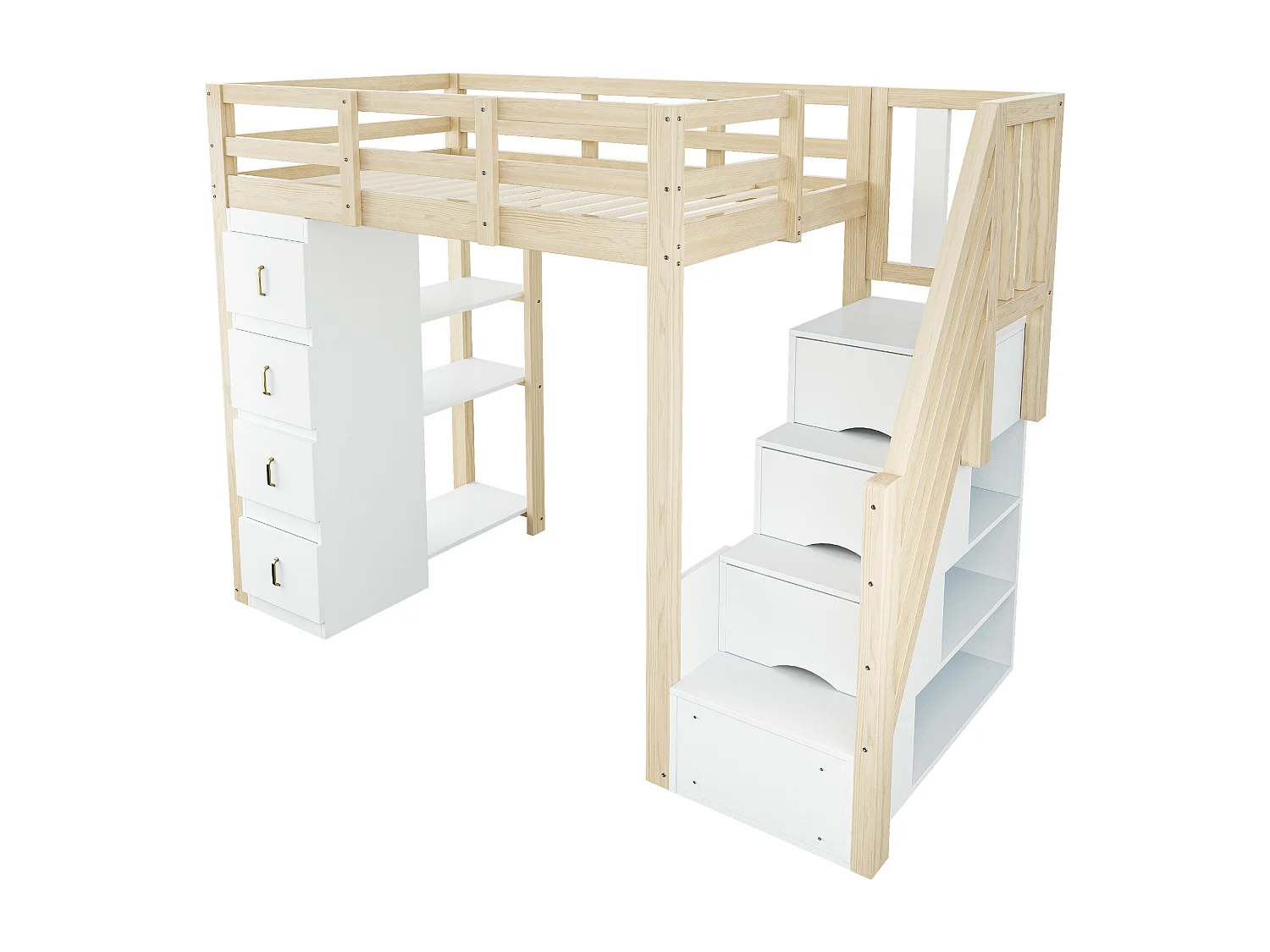 Barnloftsäng - 90 x 200 cm - med 4 lådor + förvaringsstege - trä - naturfärgad