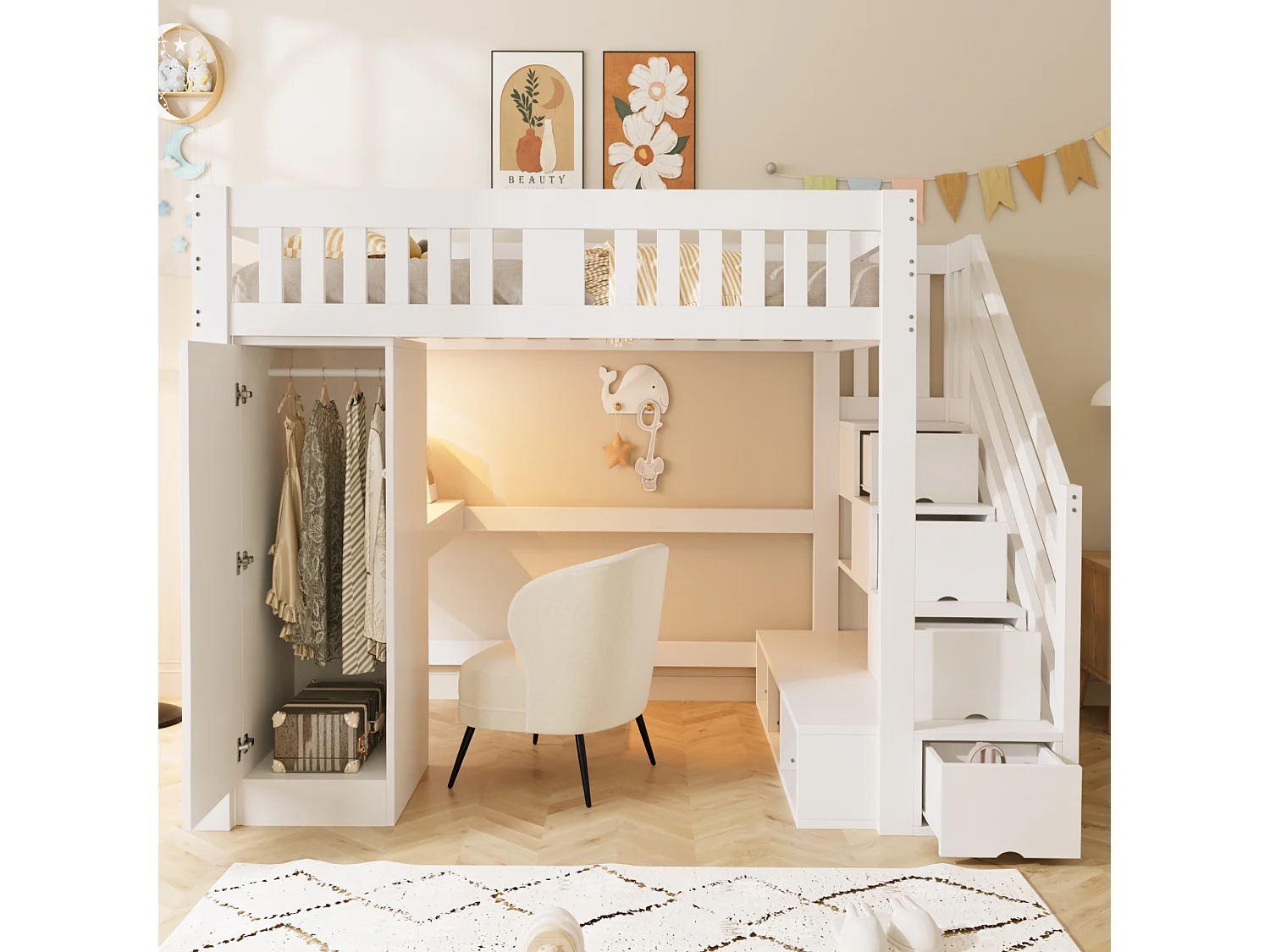 Kinderhoogslaper - 140 x 200 cm - met opbergtrap + bureau + ledverlichting + kledingkast - hout - wit