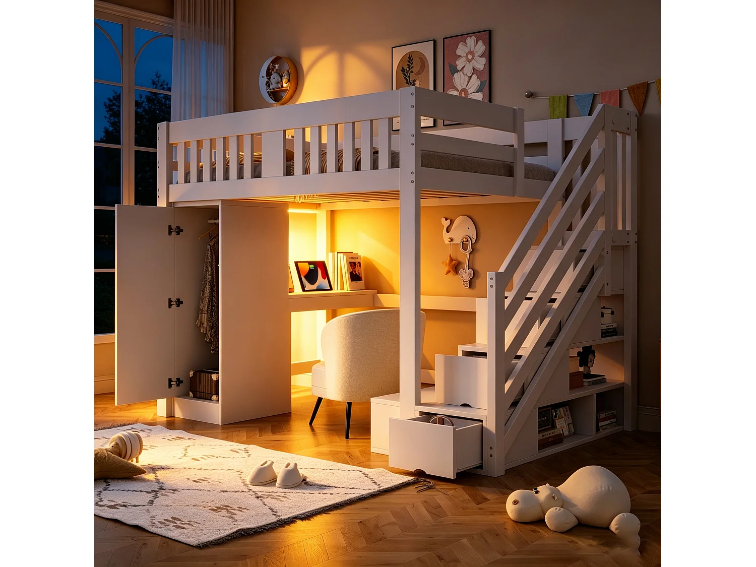 Kinderhoogslaper - 140 x 200 cm - met opbergtrap + bureau + ledverlichting + kledingkast - hout - wit