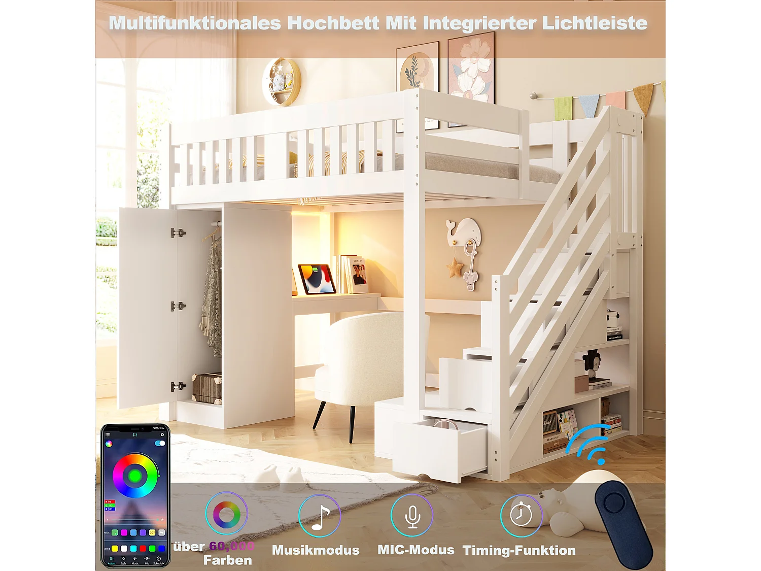 Kinderhoogslaper - 140 x 200 cm - met opbergtrap + bureau + ledverlichting + kledingkast - hout - wit