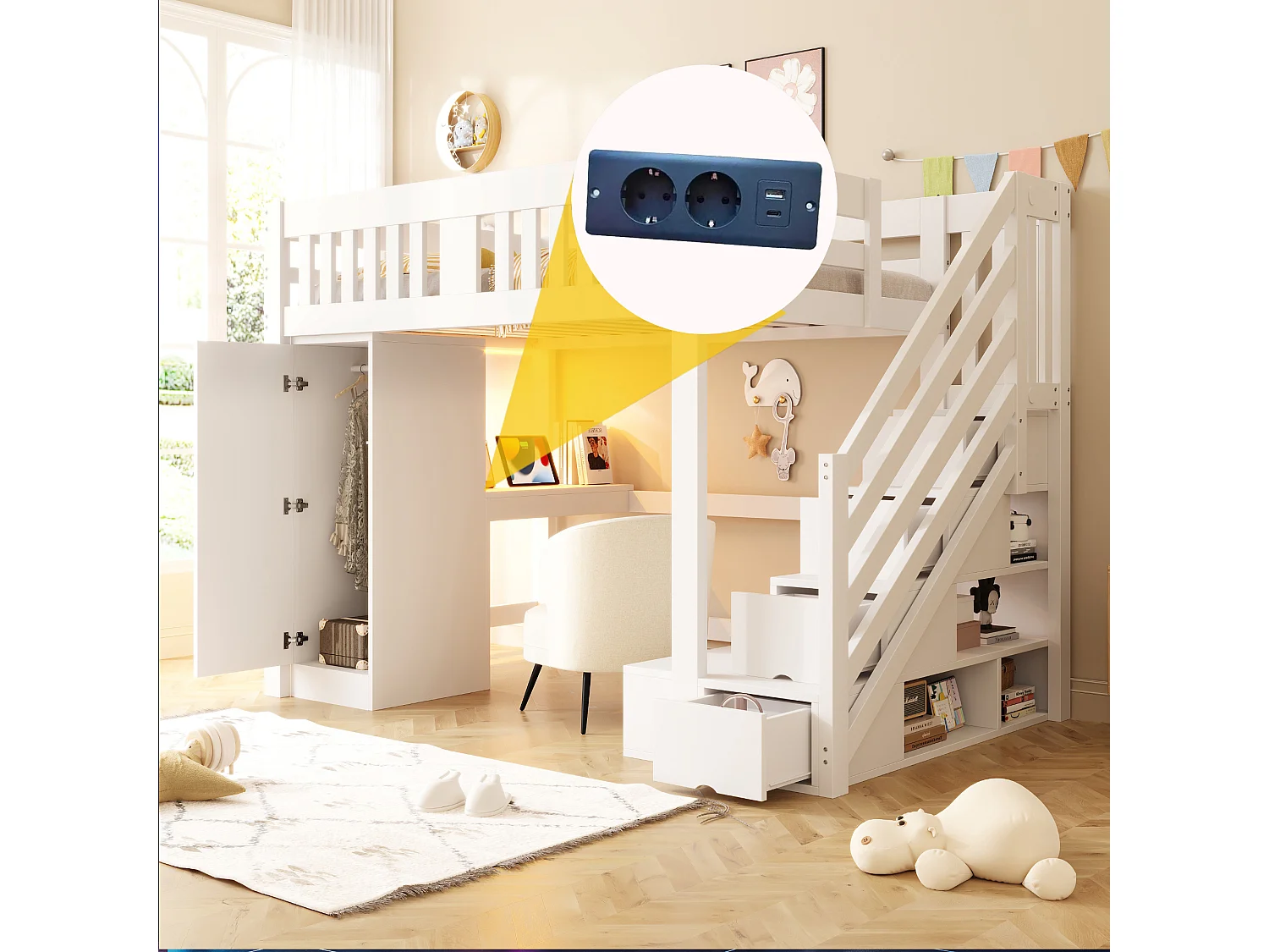 Kinderhoogslaper - 140 x 200 cm - met opbergtrap + bureau + ledverlichting + kledingkast - hout - wit