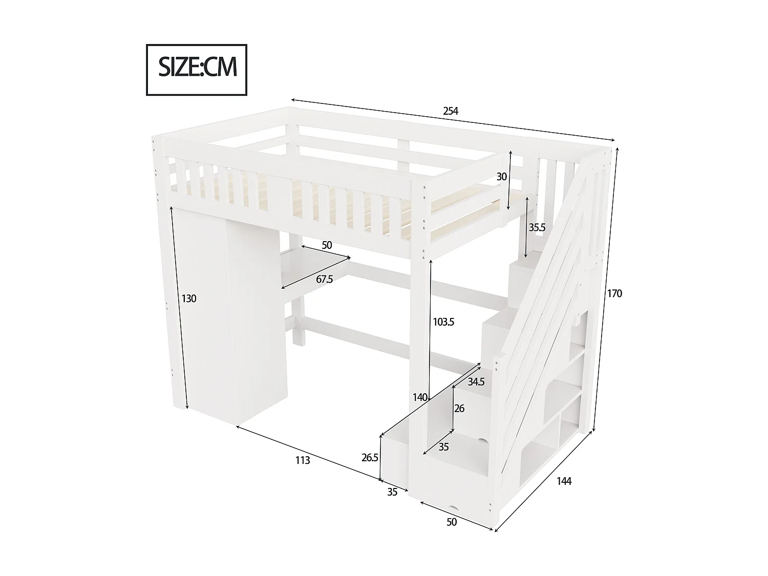 Kinderhoogslaper - 140 x 200 cm - met opbergtrap + bureau + ledverlichting + kledingkast - hout - wit