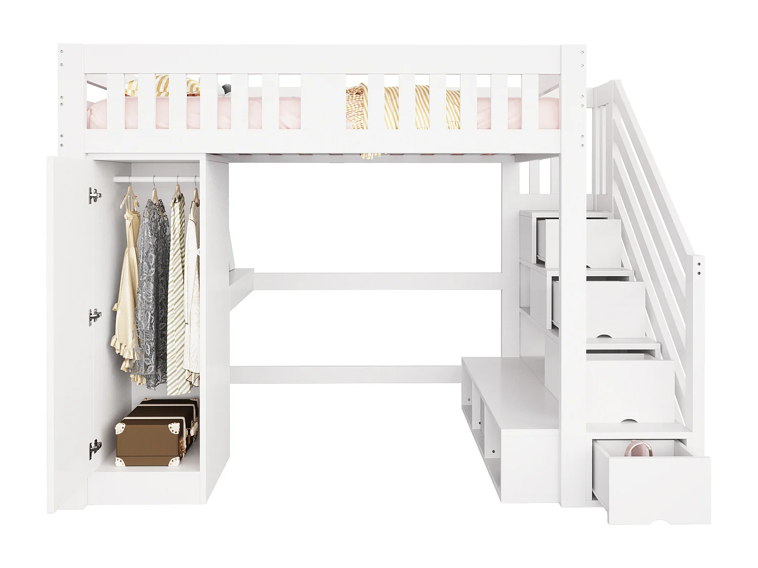 Kinderhoogslaper - 140 x 200 cm - met opbergtrap + bureau + ledverlichting + kledingkast - hout - wit