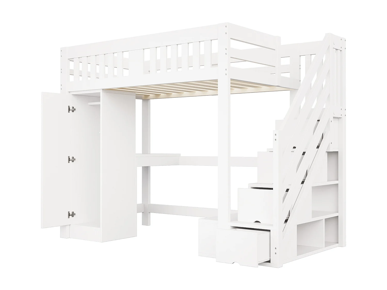 Kinderhoogslaper - 140 x 200 cm - met opbergtrap + bureau + ledverlichting + kledingkast - hout - wit
