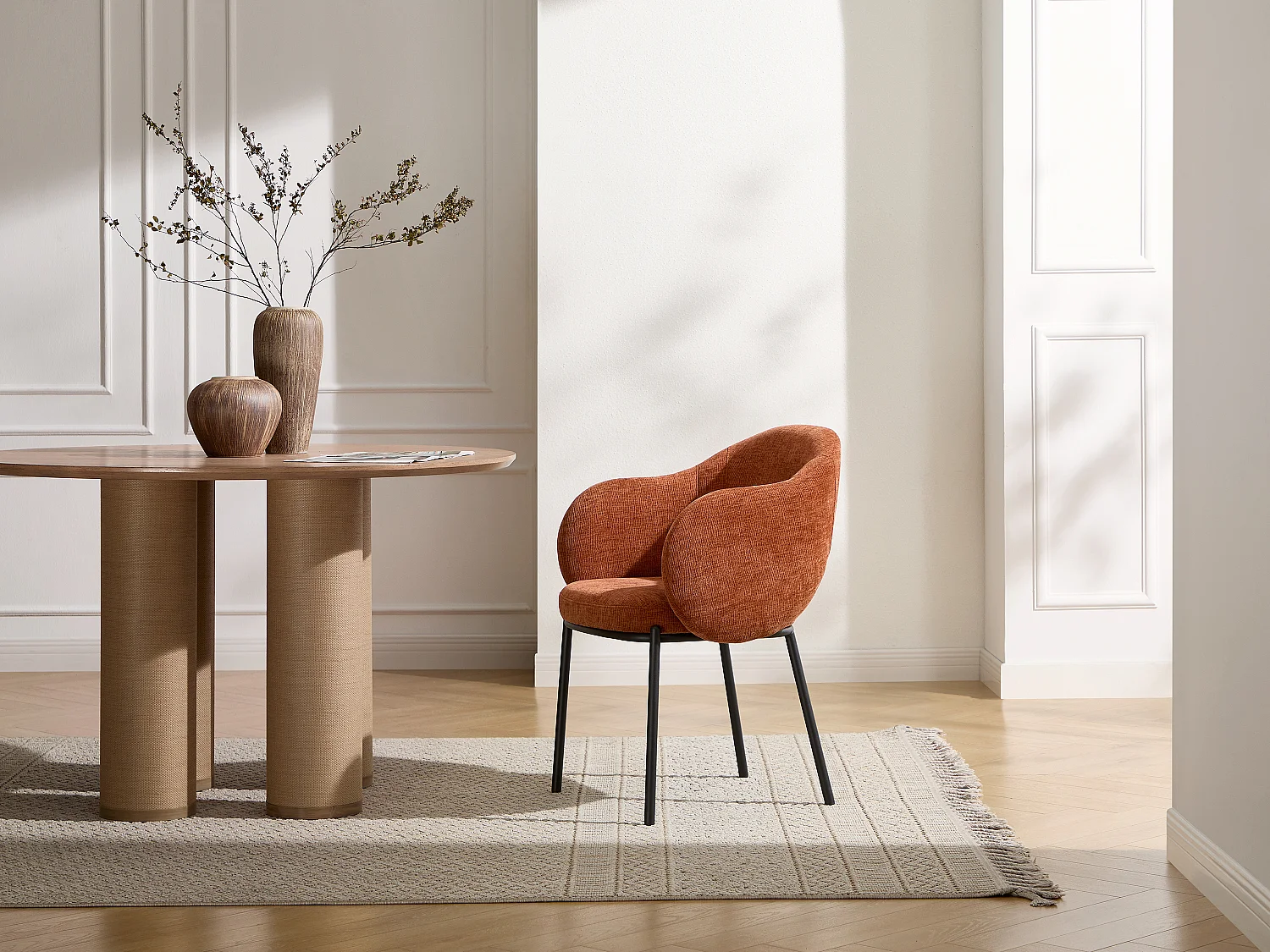 Lot de 6 chaises avec accoudoirs en tissu texturé et métal noir - Terracotta - ACACILIO