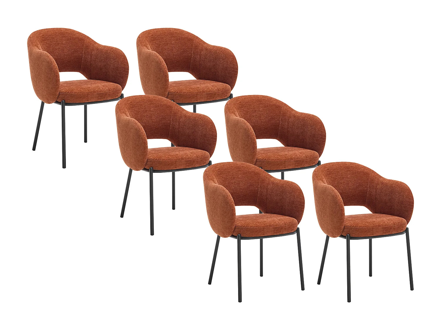 Lot de 6 chaises avec accoudoirs en tissu texturé et métal noir - Terracotta - ACACILIO