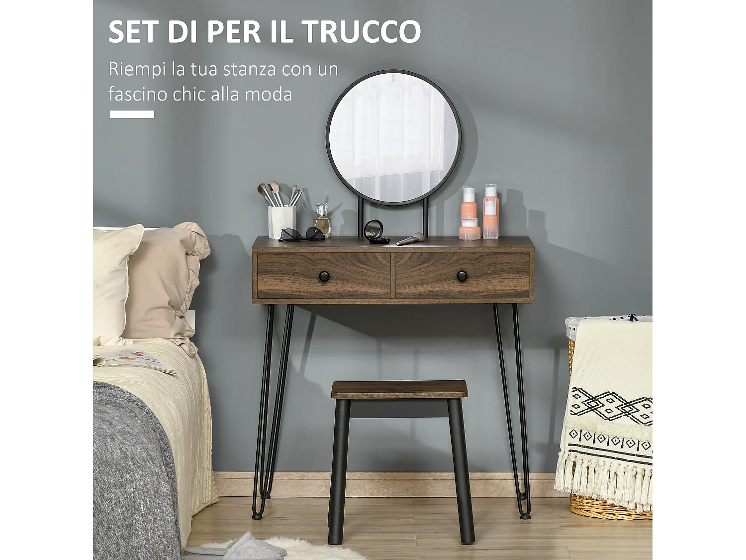 Tavolo per trucco con sgabello e specchio in legno e metallo