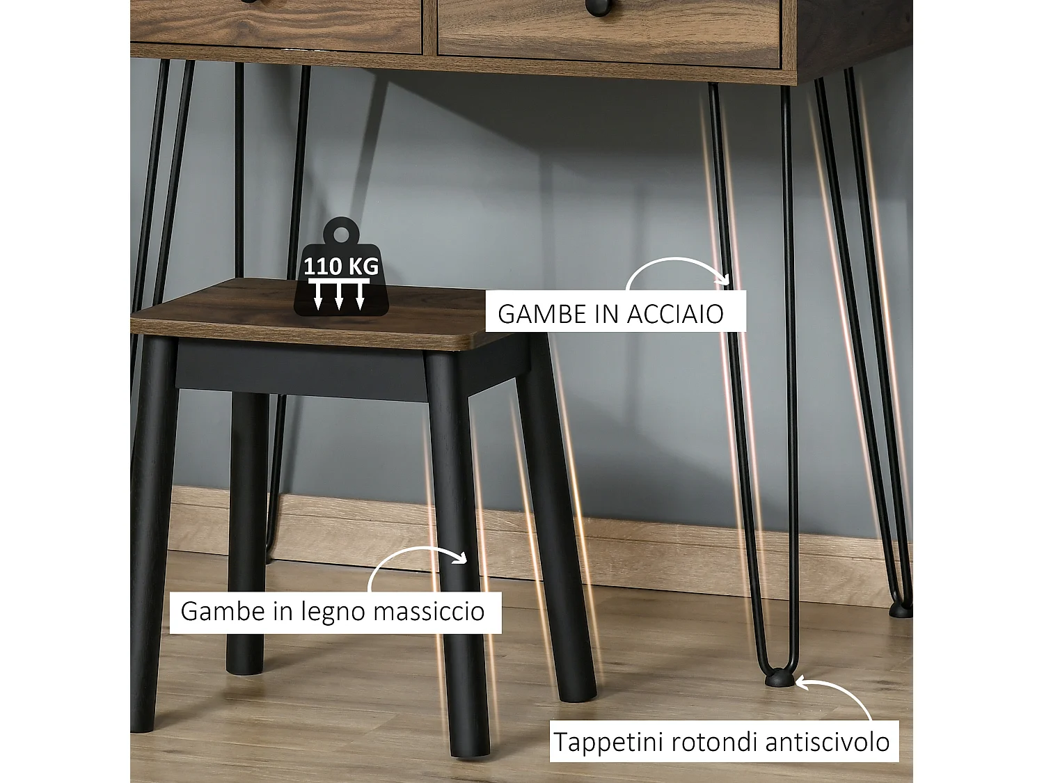 Tavolo per trucco con sgabello e specchio in legno e metallo