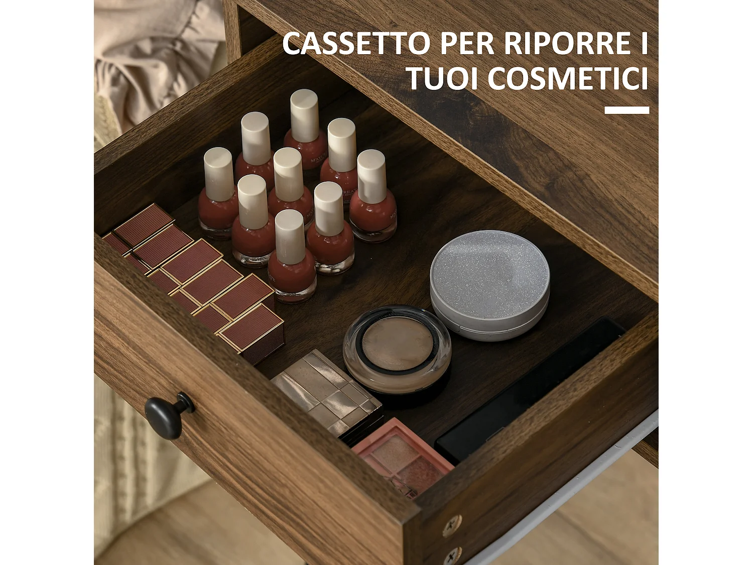 Tavolo per trucco con sgabello e specchio in legno e metallo