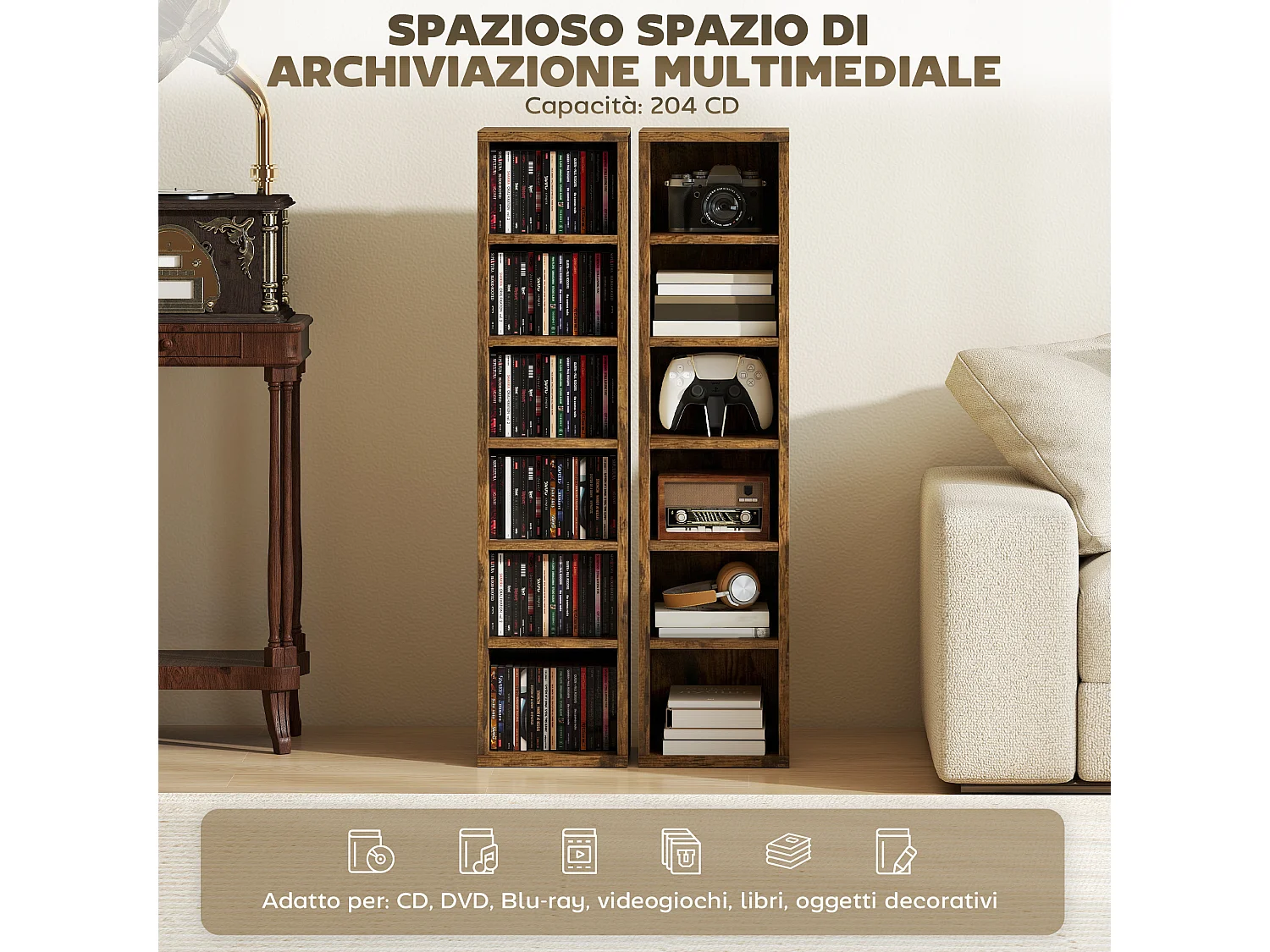 Set 2 scaffali porta cd con ripiani regolabili per 204 cd marrone
