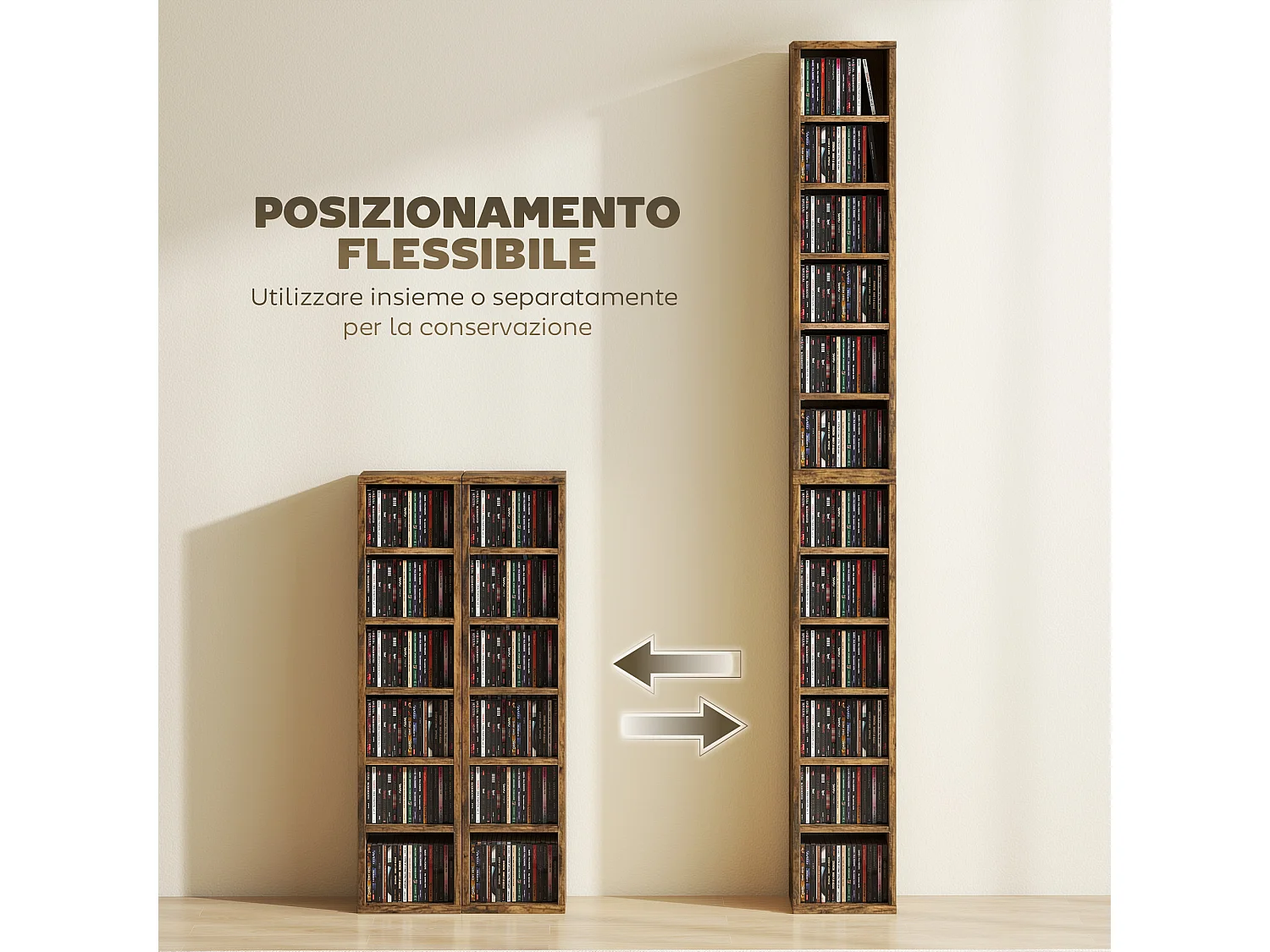 Set 2 scaffali porta cd con ripiani regolabili per 204 cd marrone