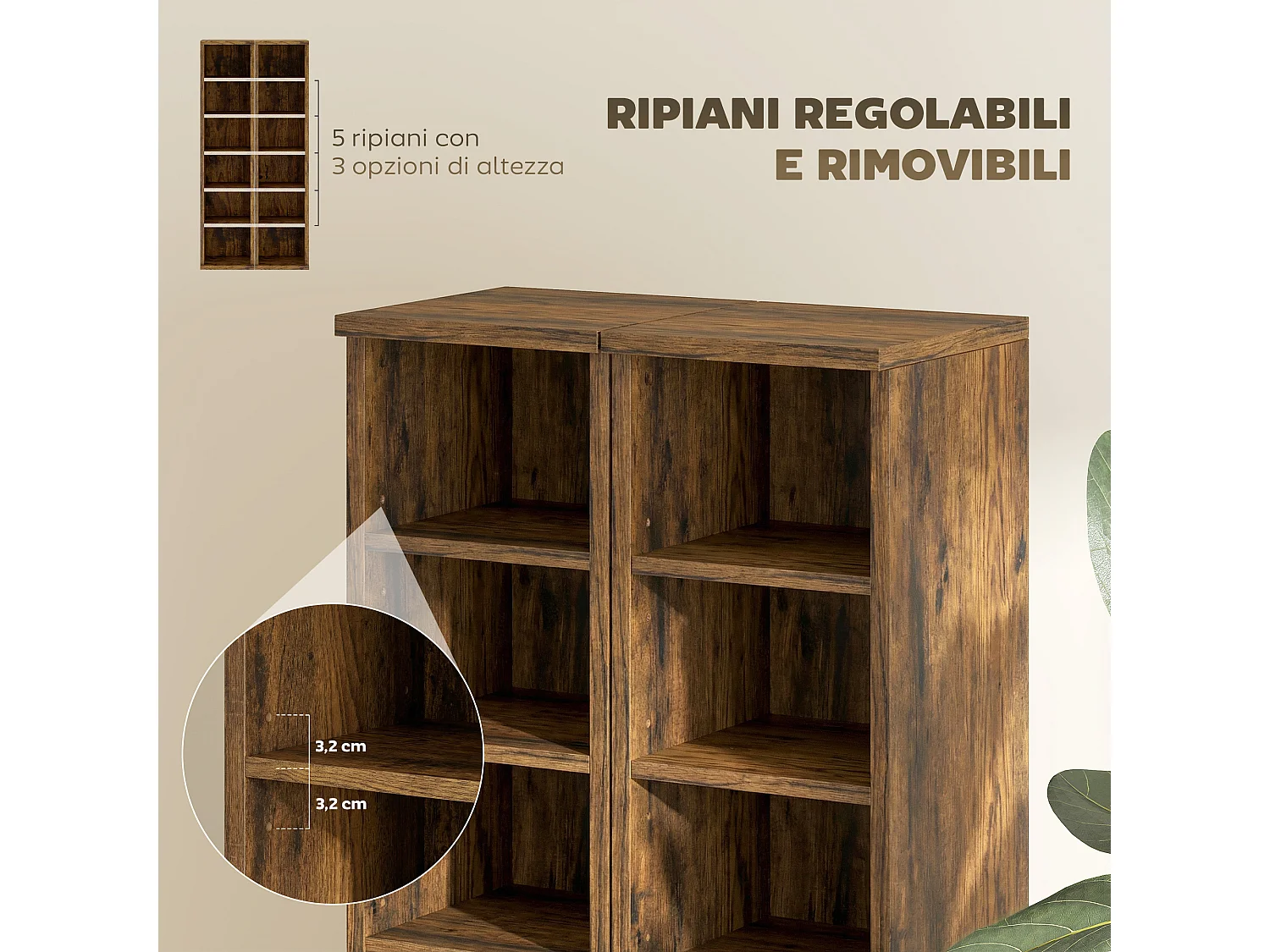 Set 2 scaffali porta cd con ripiani regolabili per 204 cd marrone