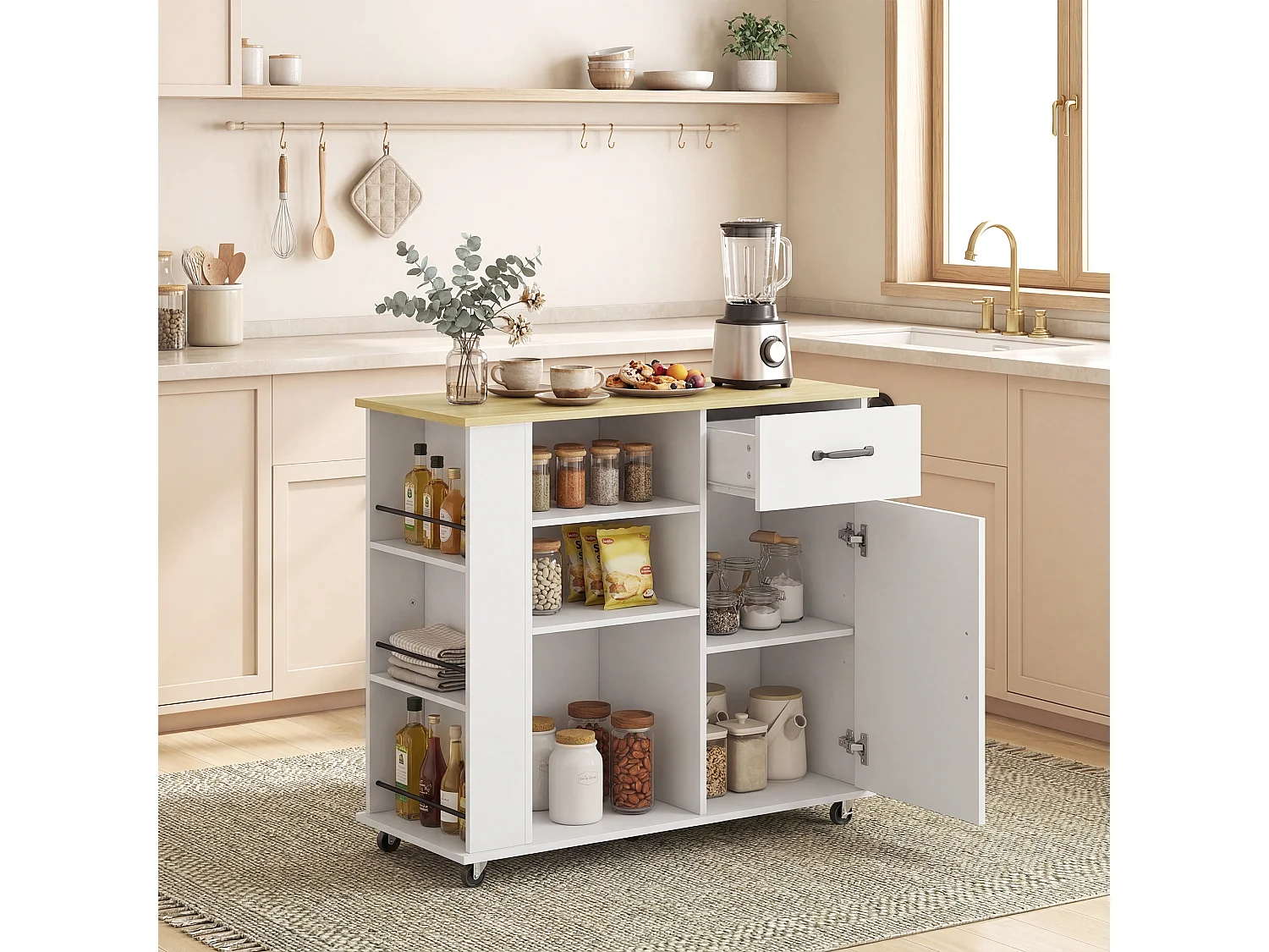 Carrello da cucina con ruote in legno bianco