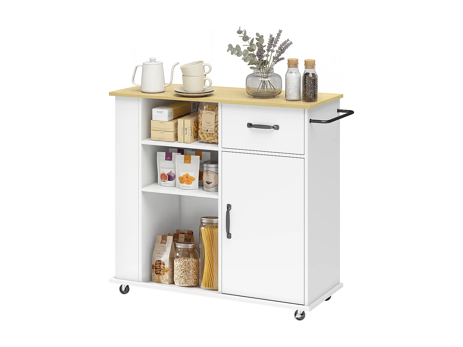Carrello da cucina con ruote in legno bianco