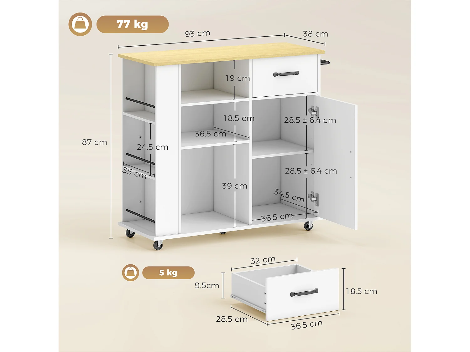 Carrello da cucina con ruote in legno bianco