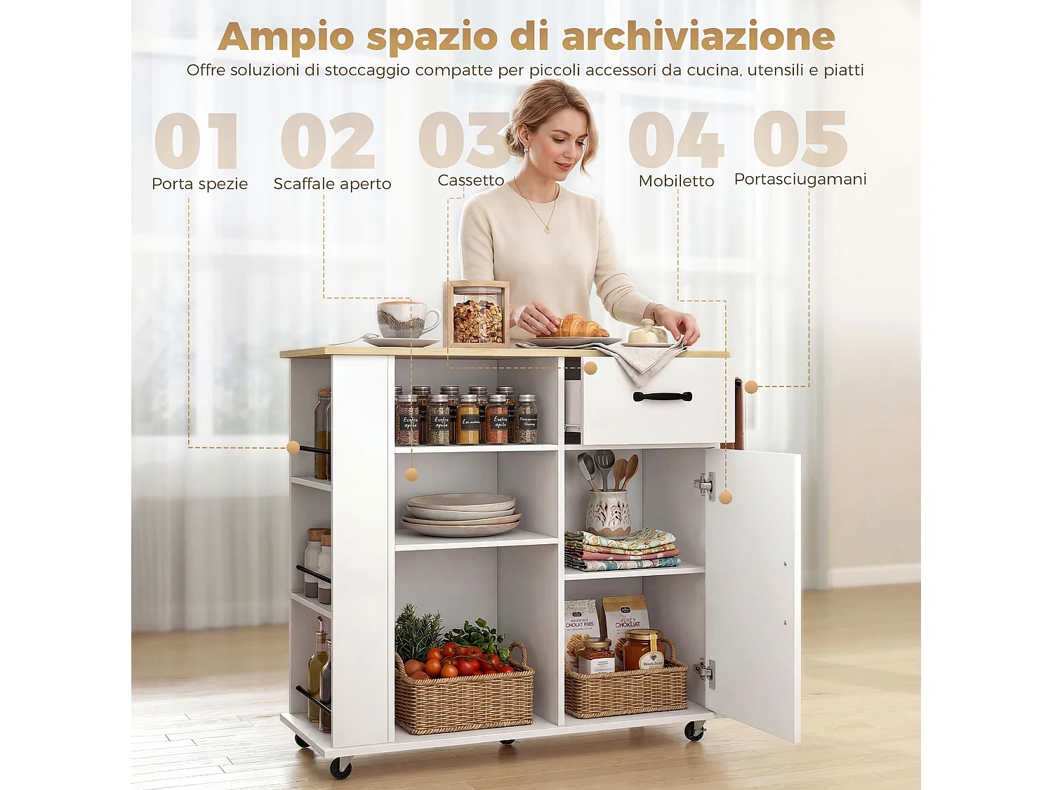 Carrello da cucina con ruote in legno bianco