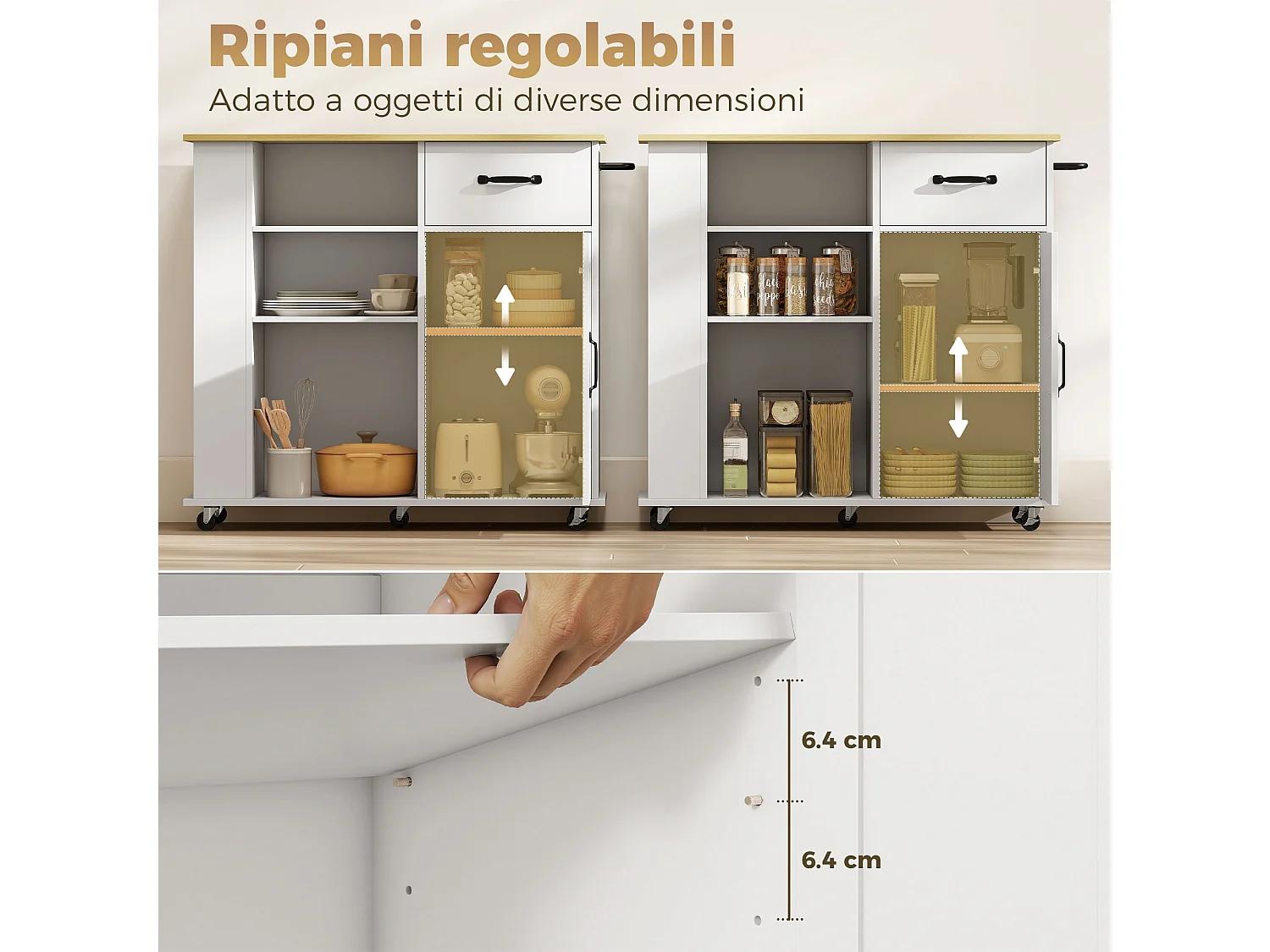 Carrello da cucina con ruote in legno bianco