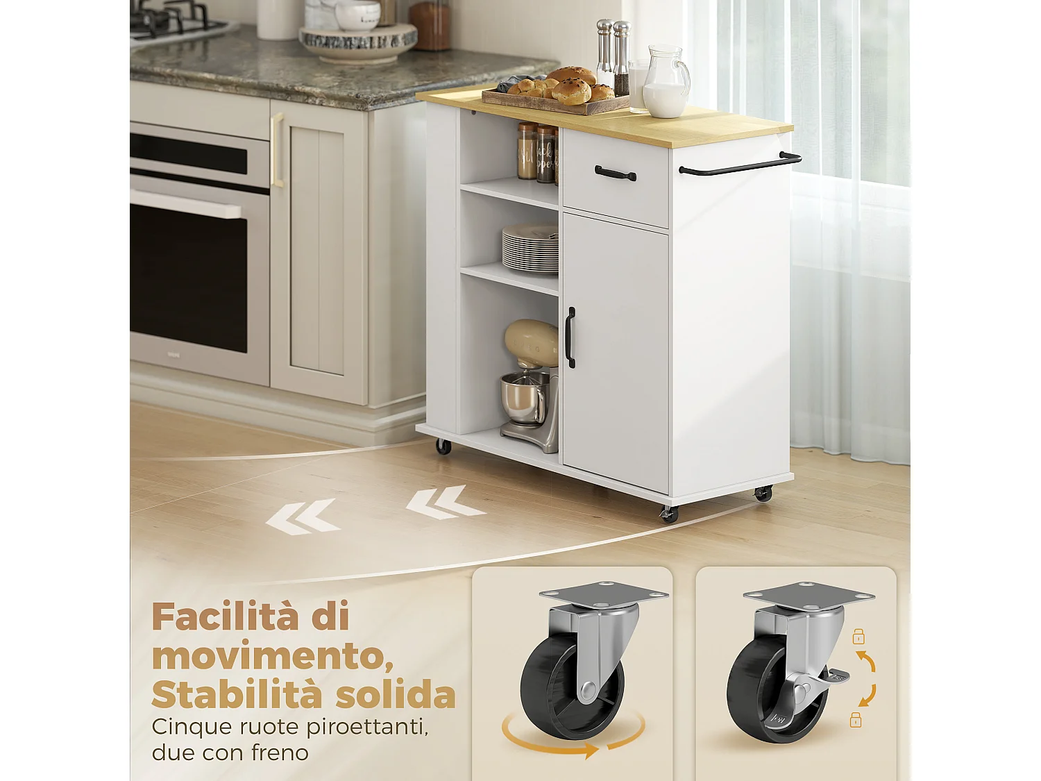 Carrello da cucina con ruote in legno bianco