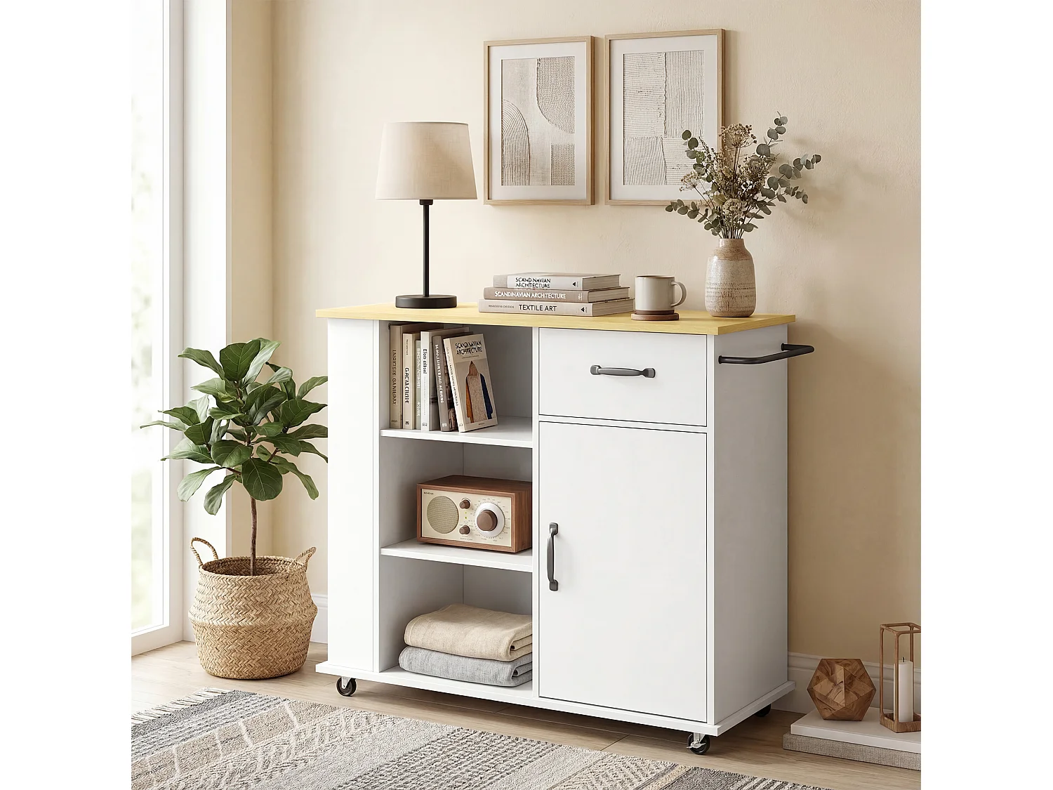 Carrello da cucina con ruote in legno bianco
