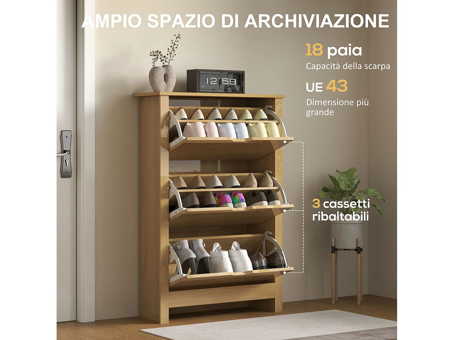 Scarpiera slim con 3 cassetti  per 18 paia di scarpe naturale