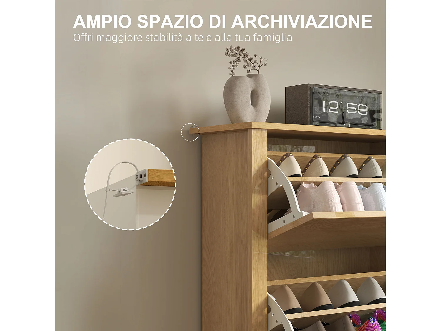 Scarpiera slim con 3 cassetti  per 18 paia di scarpe naturale