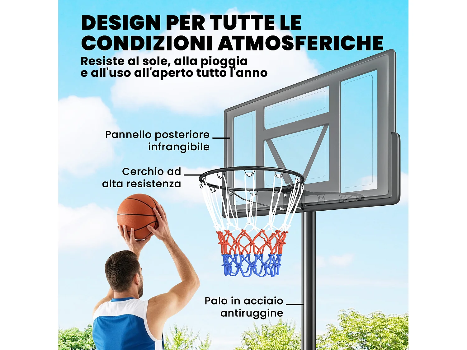 Canestro da basket portatile regolabile acciaio nero