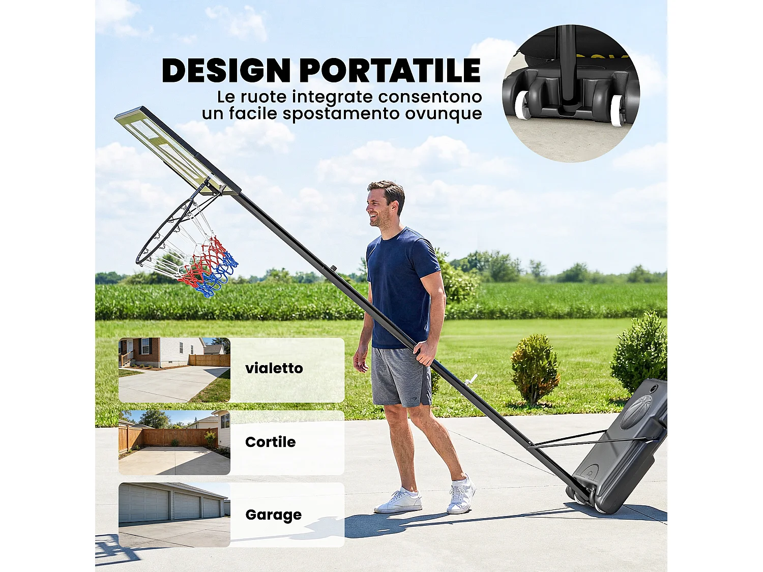 Canestro da basket portatile regolabile acciaio nero