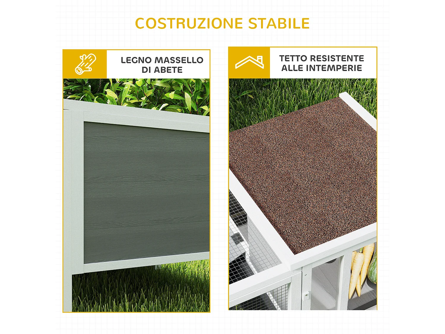 Conigliera da esterno con casetta e area di corsa in legno multicolore