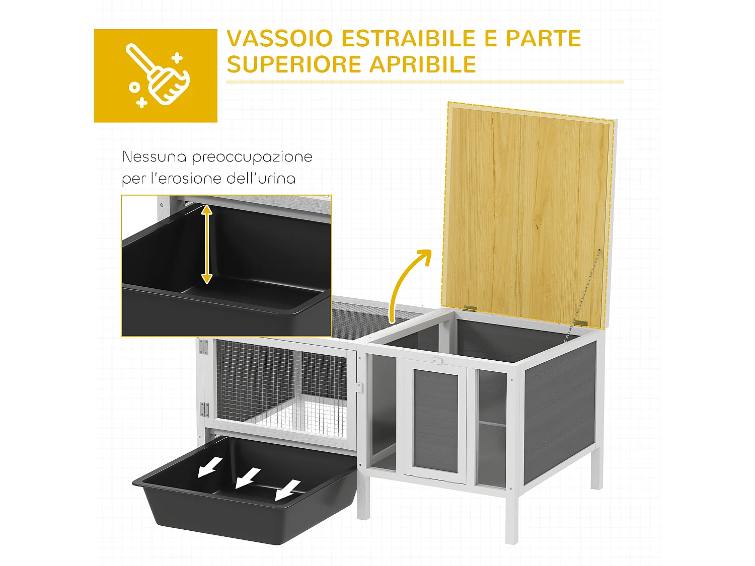 Conigliera da esterno con casetta e area di corsa in legno multicolore