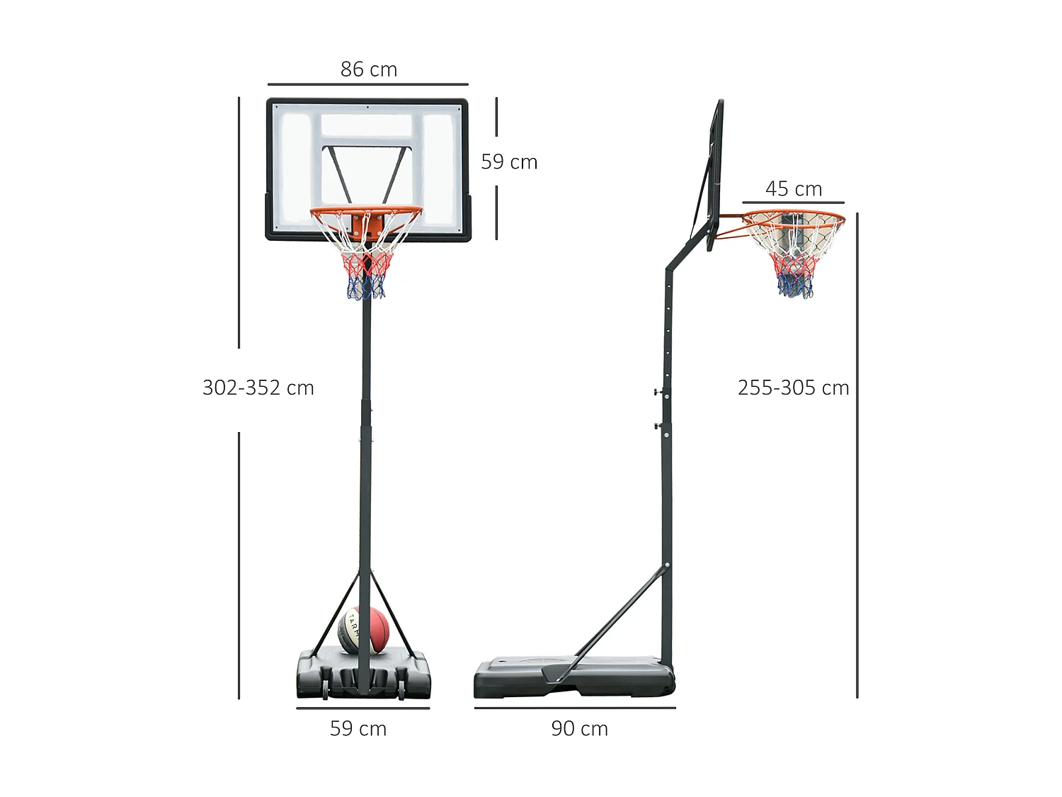 Canestro basket adulti con altezza regolabile 302-352cm nero