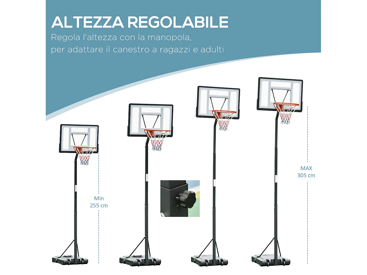 Canestro basket adulti con altezza regolabile 302-352cm nero