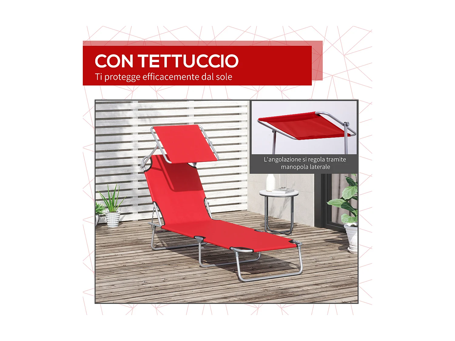 Sdraio da giardino pieghevole e reclinabile con tettuccio rosso