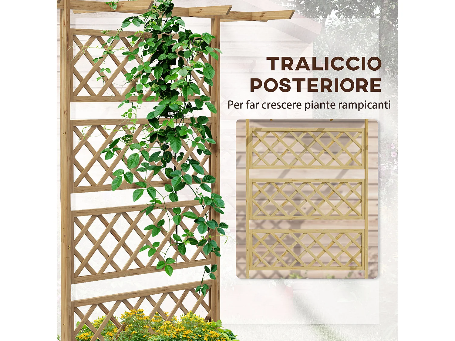 Letto per orto con traliccio e pergola da rampicanti in legno