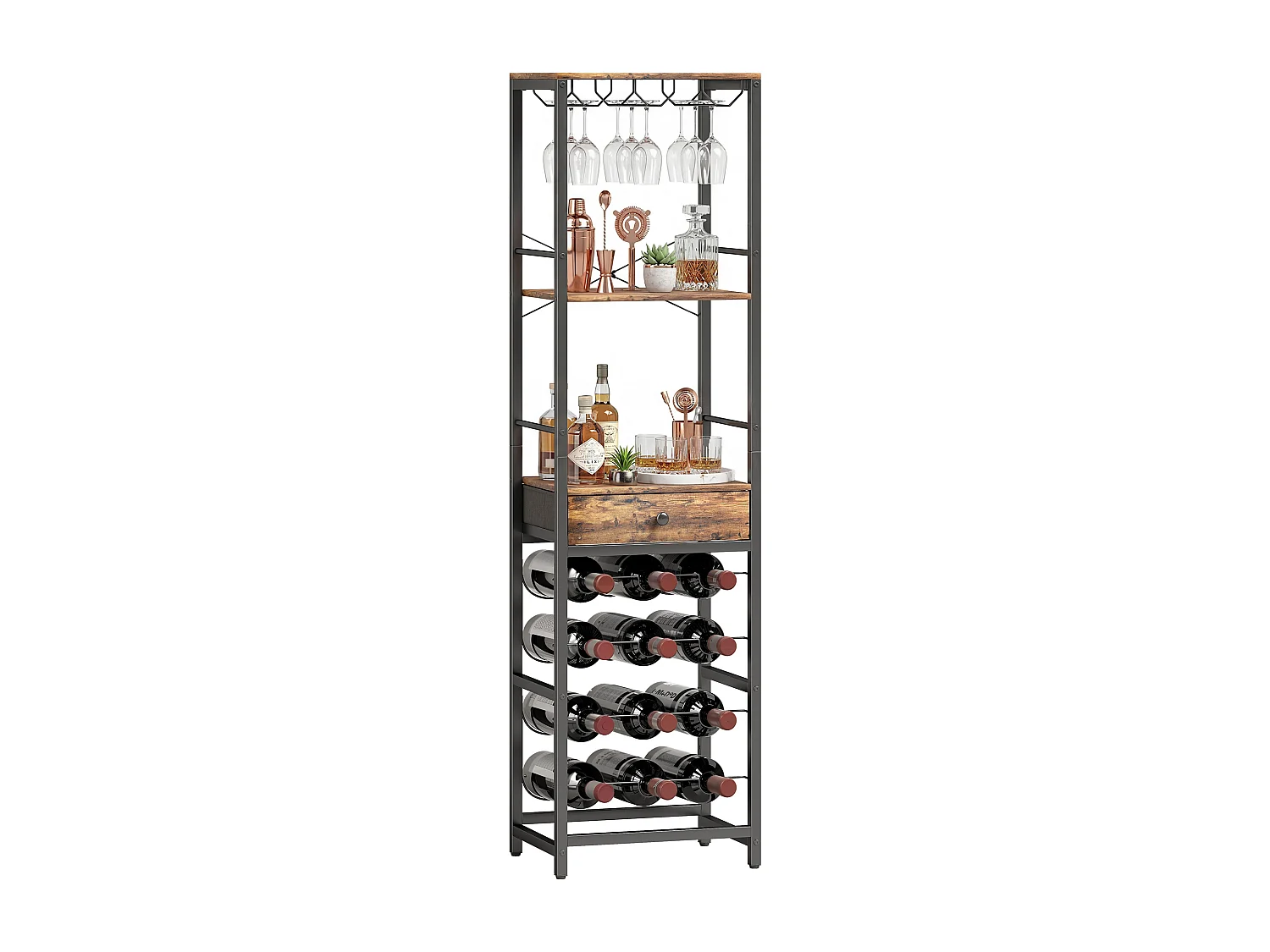 Mobile bar industriale con portabottiglie in legno marrone rustico