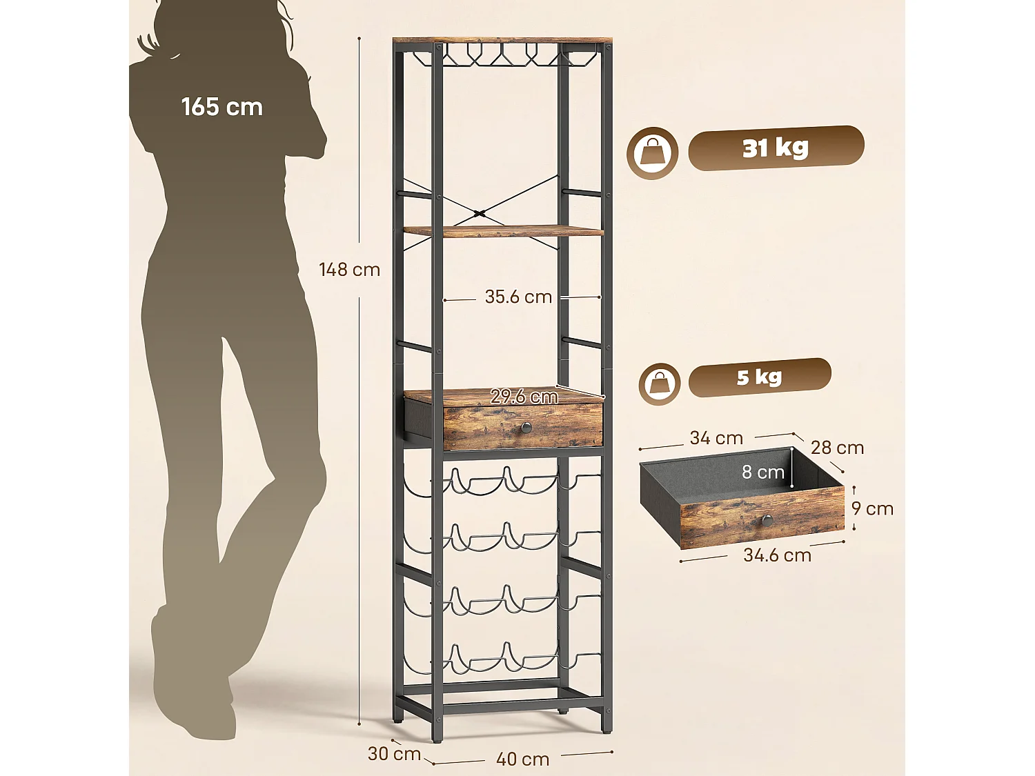 Mobile bar industriale con portabottiglie in legno marrone rustico