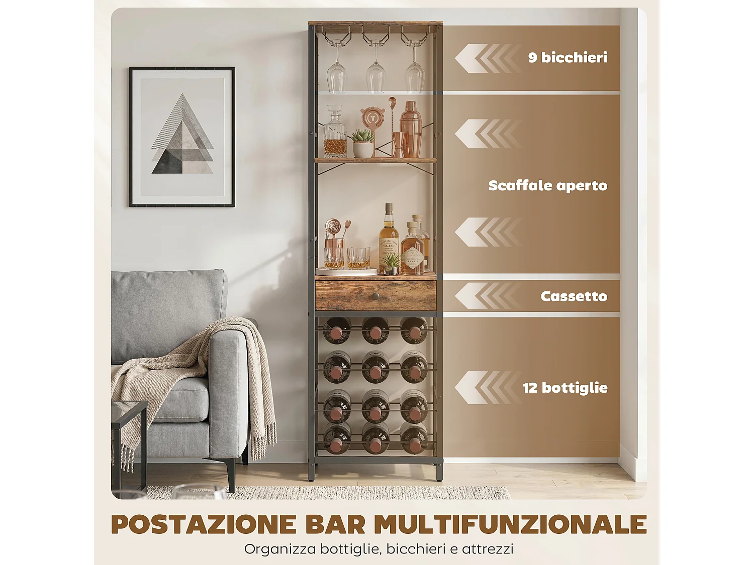 Mobile bar industriale con portabottiglie in legno marrone rustico