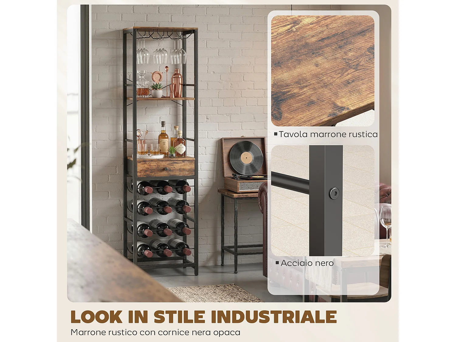Mobile bar industriale con portabottiglie in legno marrone rustico