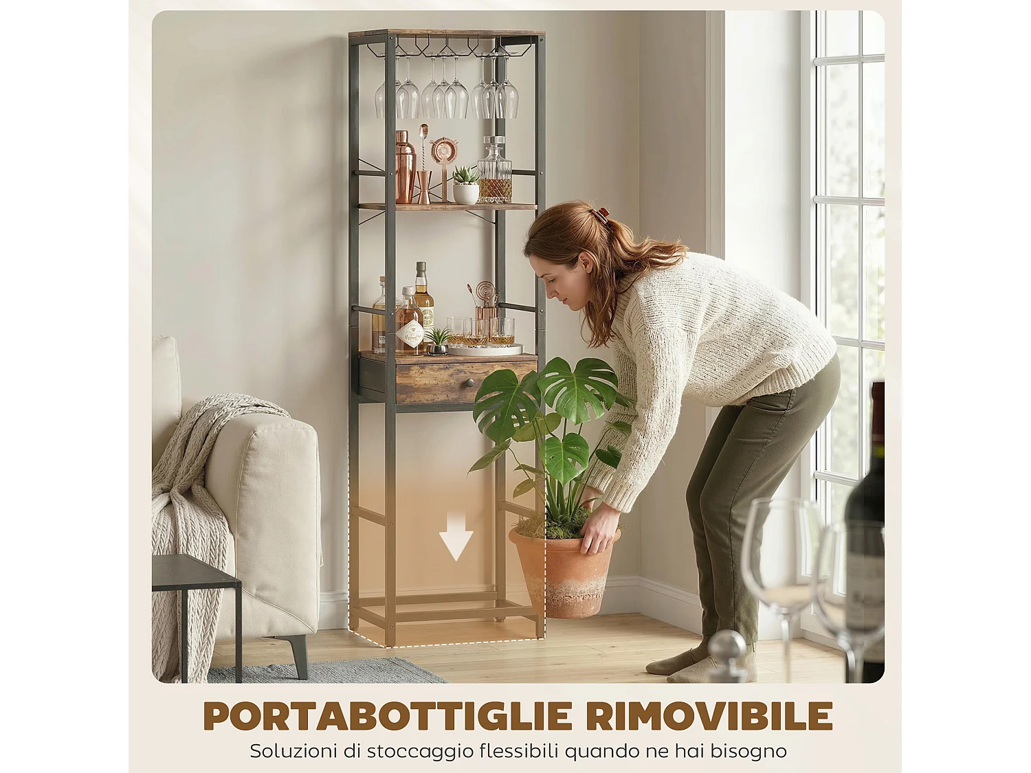 Mobile bar industriale con portabottiglie in legno marrone rustico