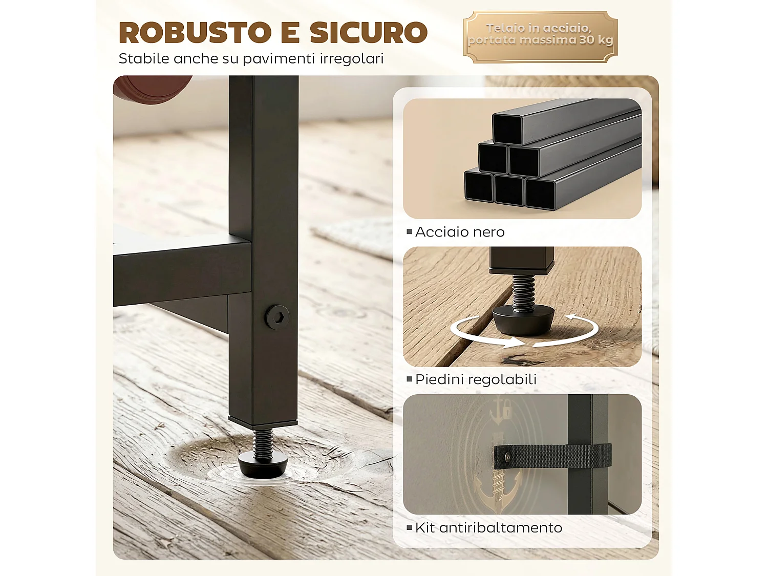 Mobile bar industriale con portabottiglie in legno marrone rustico