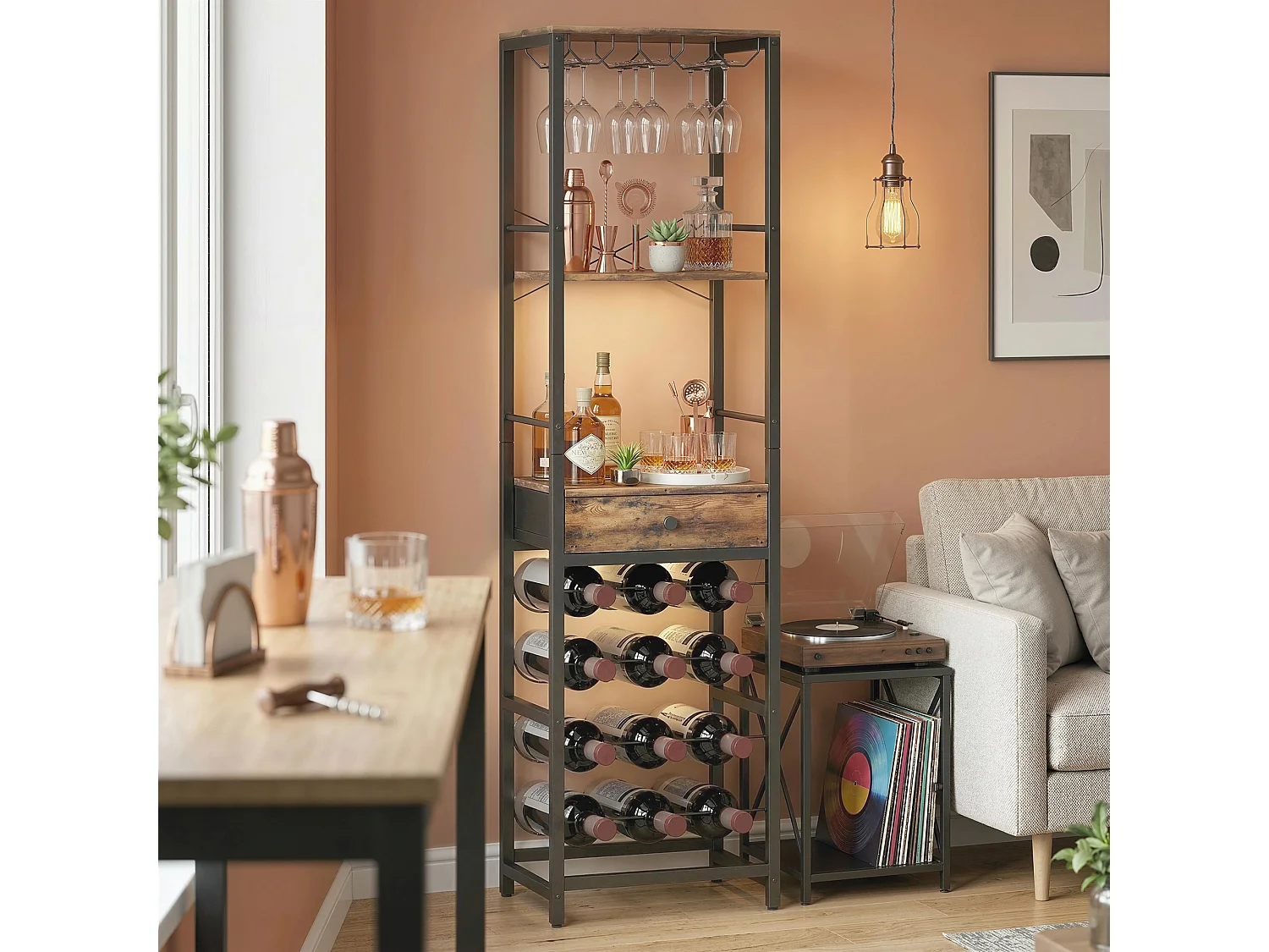Mobile bar industriale con portabottiglie in legno marrone rustico