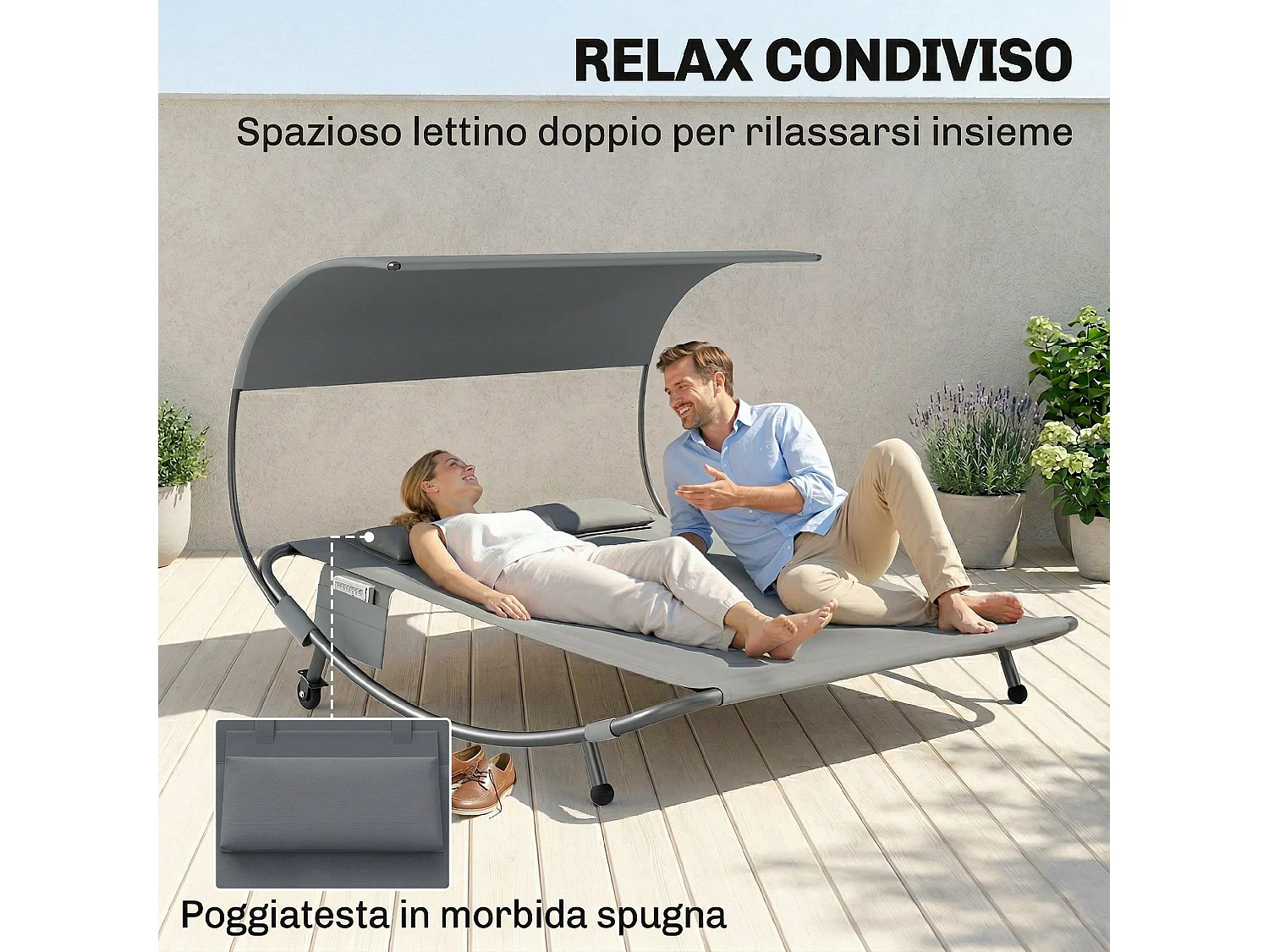 Lettino doppio da giardino con baldacchino in metallo grigio