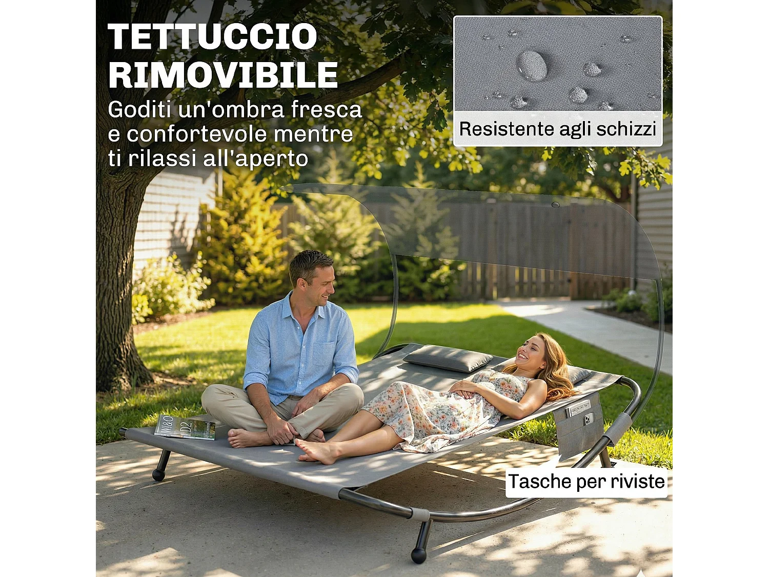 Lettino doppio da giardino con baldacchino in metallo grigio