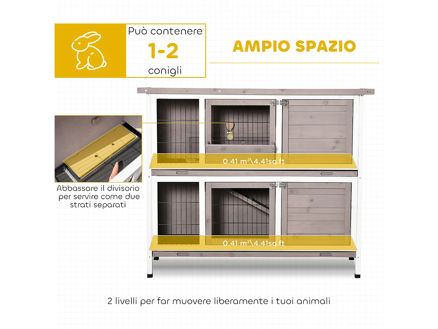 Conigliera in legno con tetto apribile mangiatoia e vassoi marrone