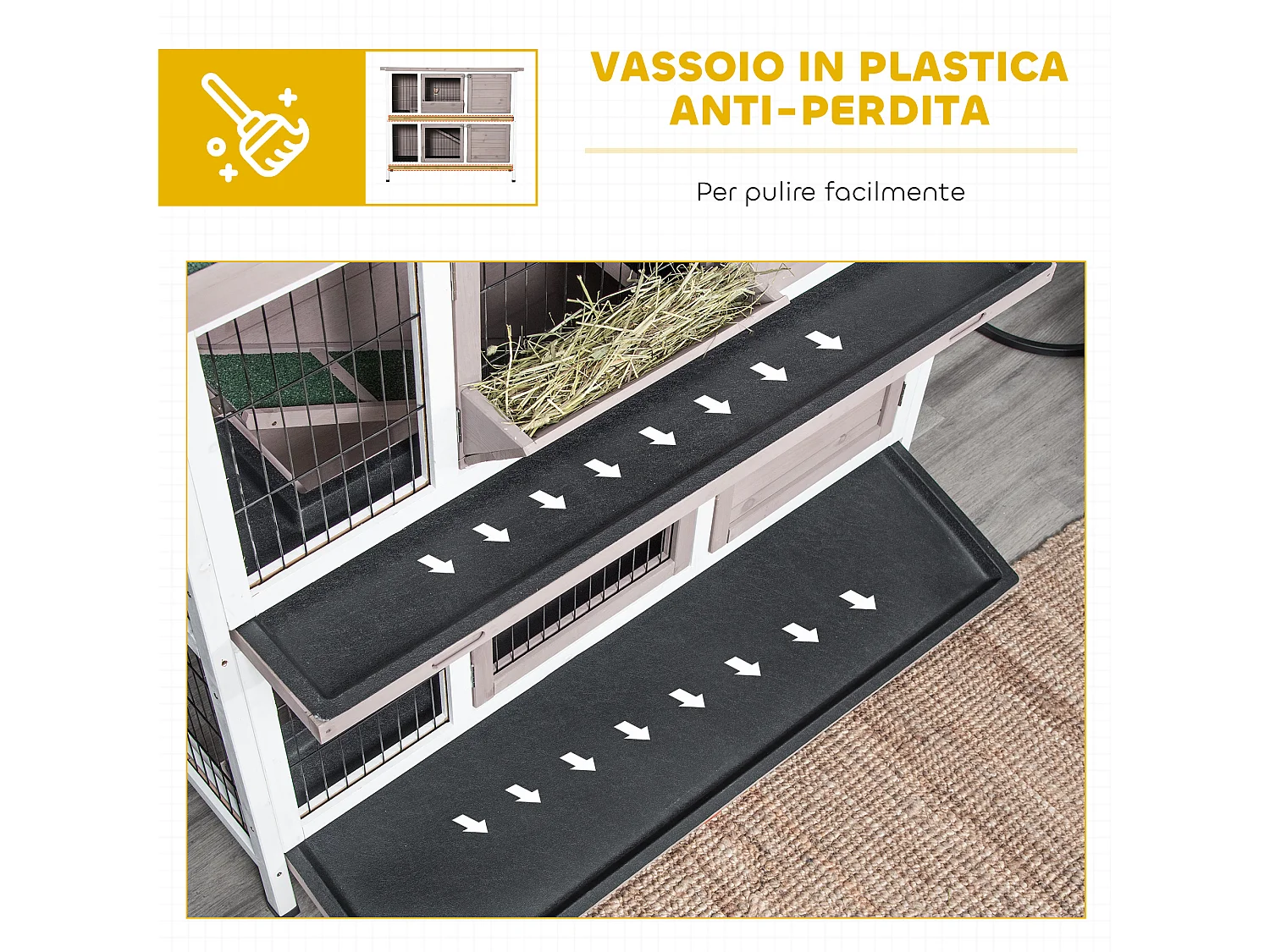 Conigliera in legno con tetto apribile mangiatoia e vassoi marrone