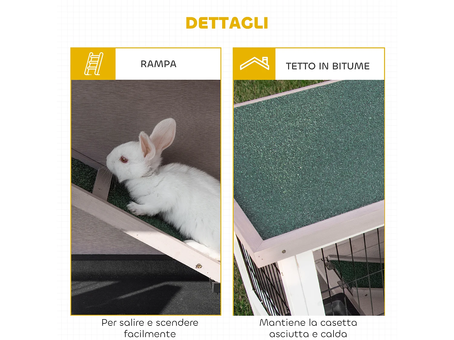 Conigliera in legno con tetto apribile mangiatoia e vassoi marrone