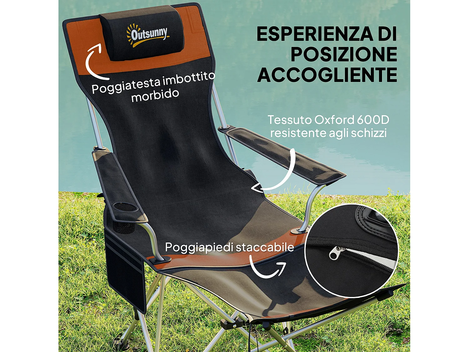 Set 2 sedie da campeggio pieghevoli reclinabili e poggiapiedi arancio