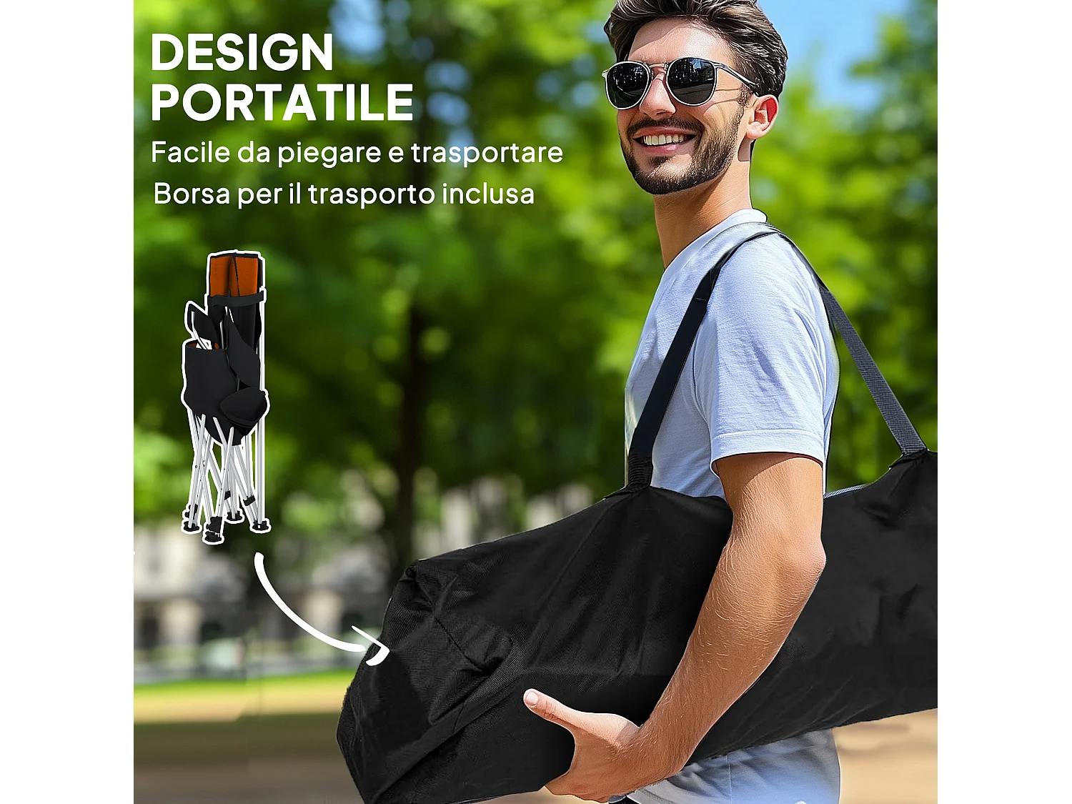 Set 2 sedie da campeggio pieghevoli reclinabili e poggiapiedi arancio
